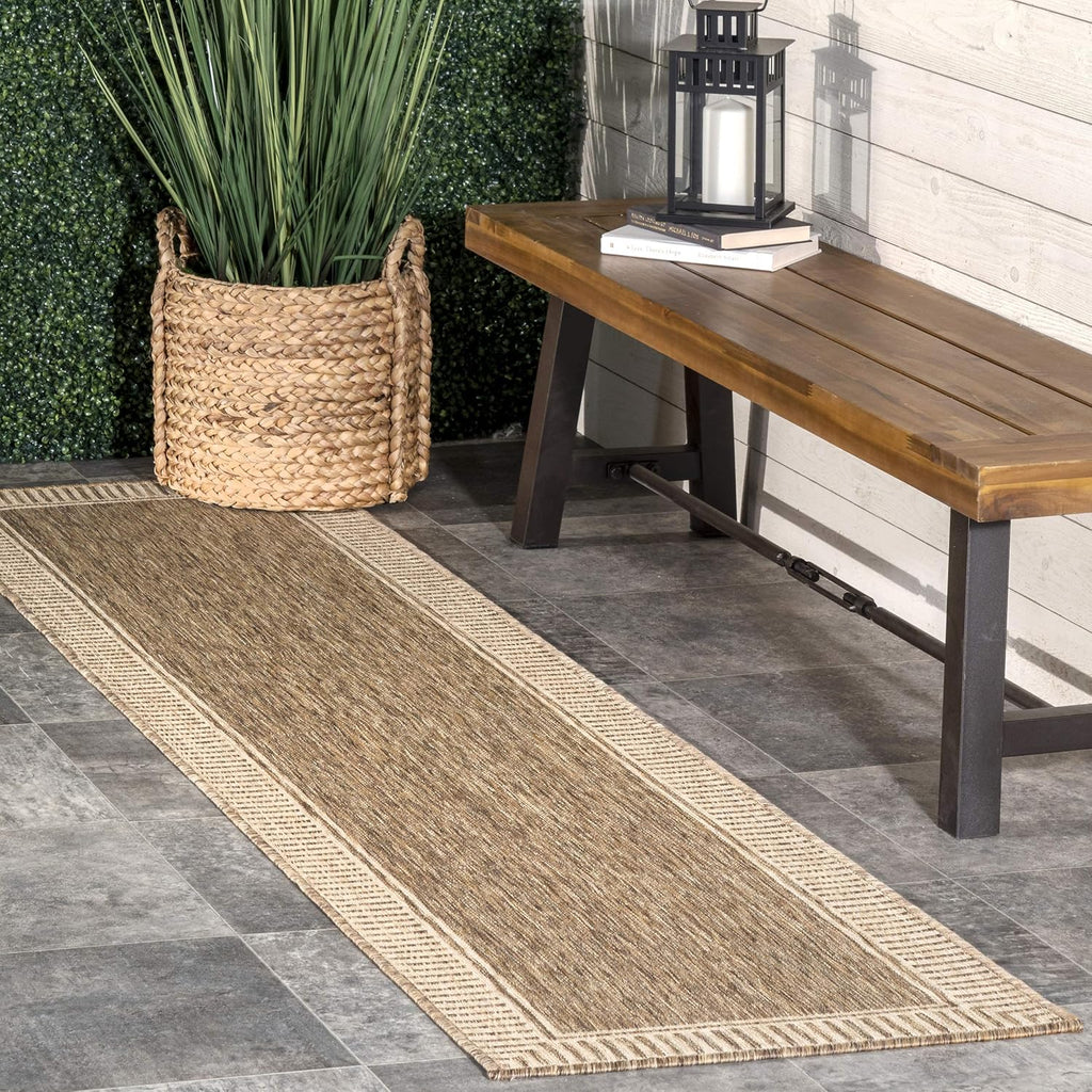 Asha Light Brown Bordered Indoor/Outdoor Area Rug, 5' x 8'