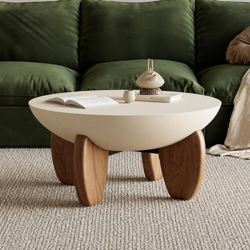 Round Concrete Coffee Table with Premium Walnut Ash Wood Legs, Modern Minimalist Cement Finish Center Table