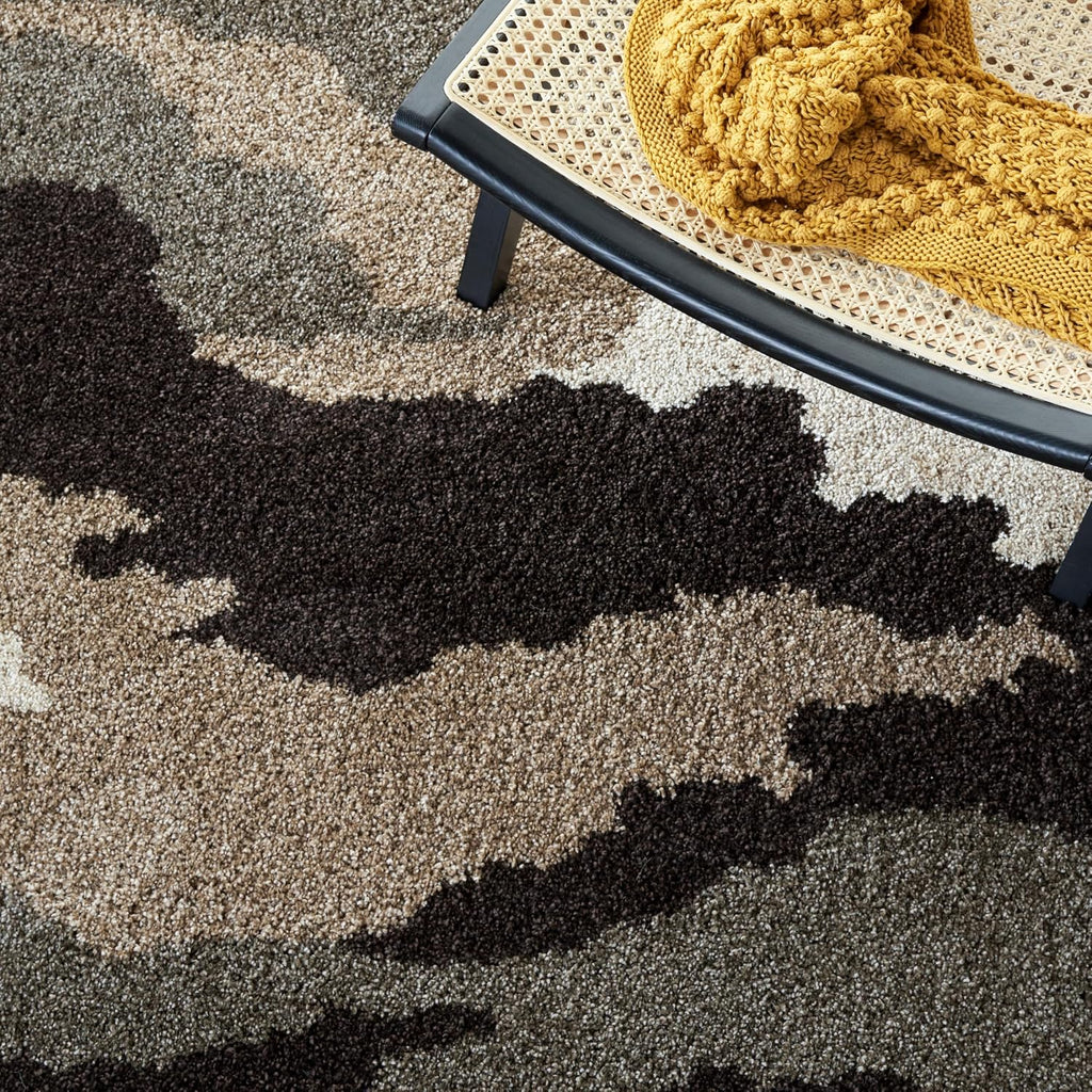 Florida Shag Collection Area Rug - 4' Square, Beige & Multi, Camouflage Design, Non-Shedding & Easy Care, 1.2-inch