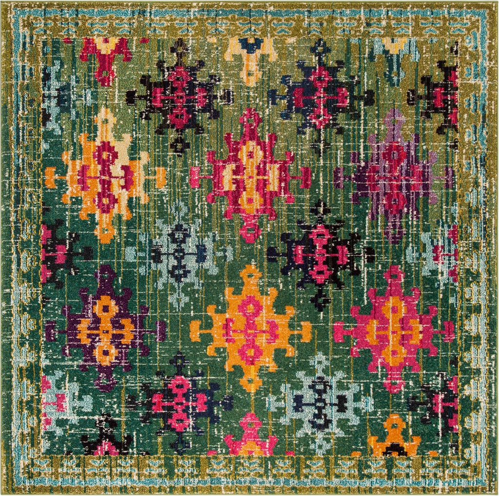 Monaco Collection Area Rug - 6'7" Square, Green & Multi, Boho Diamond Trellis Design, Non-Shedding & Easy Care, Ideal