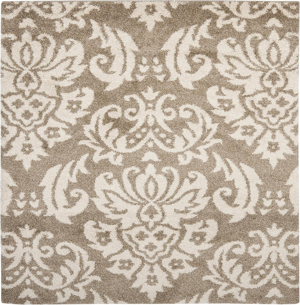Florida Shag Collection Area Rug - 6'7" Square, Beige & Cream, Damask Design, Non-Shedding & Easy Care, 1.2-inch