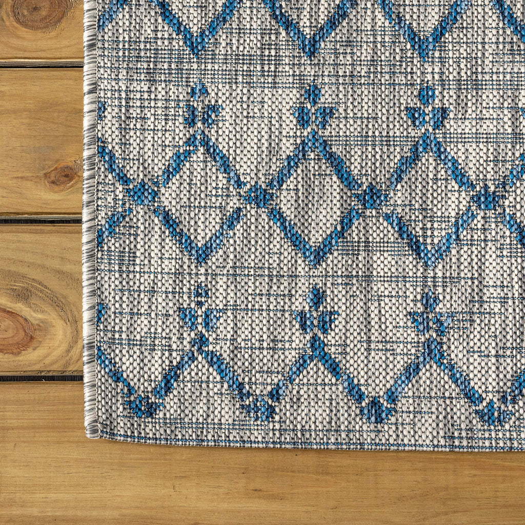 Moroccan Geometric Indoor Outdoor Runner Rug 2X10 Light Gray/Navy, Ourika Textured Weave for Backyard, Patio, Porch
