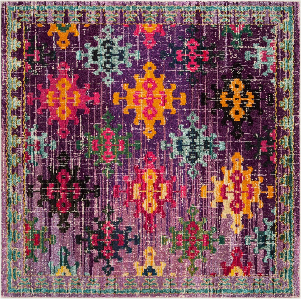 Monaco Collection Area Rug - 6'7" Square, Purple & Multi, Boho Diamond Trellis Design, Non-Shedding & Easy Care