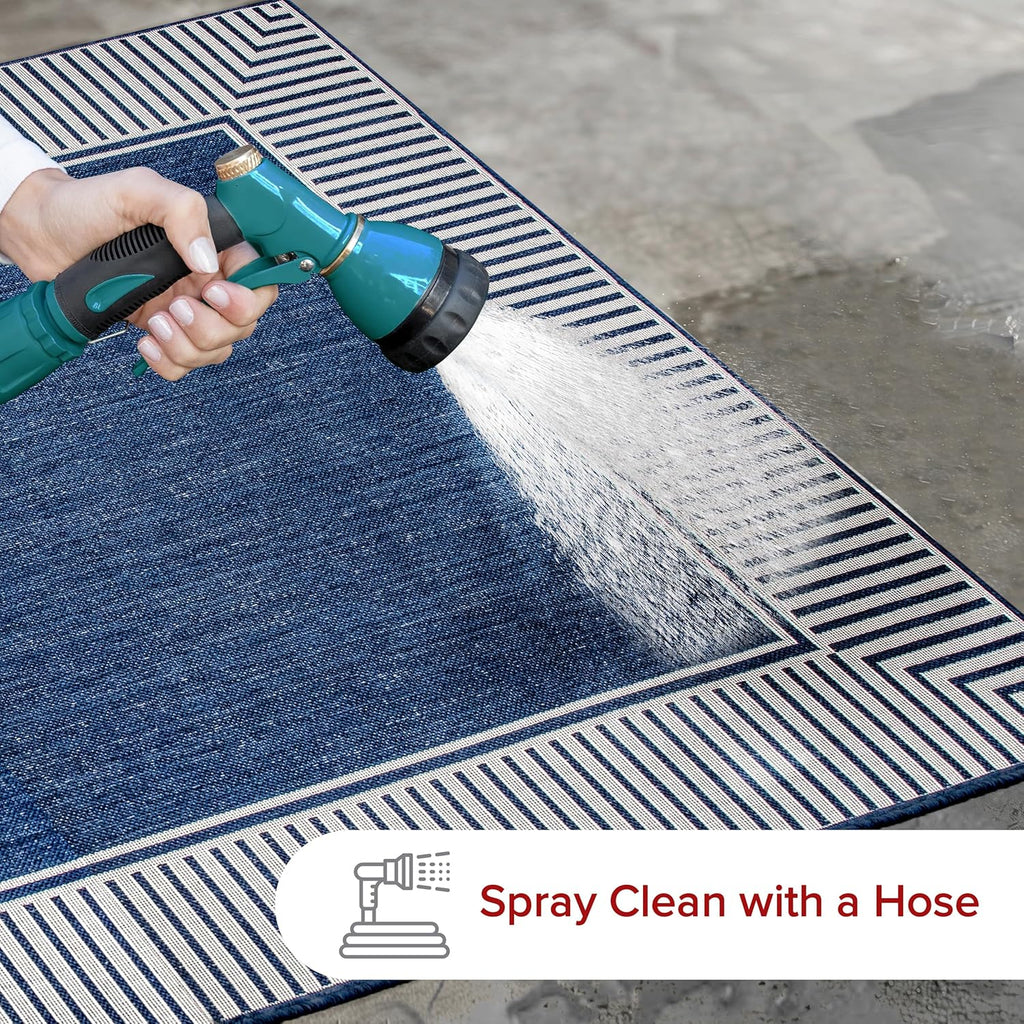 Asha Navy Bordered Power Loomed Indoor/Outdoor Area Rug