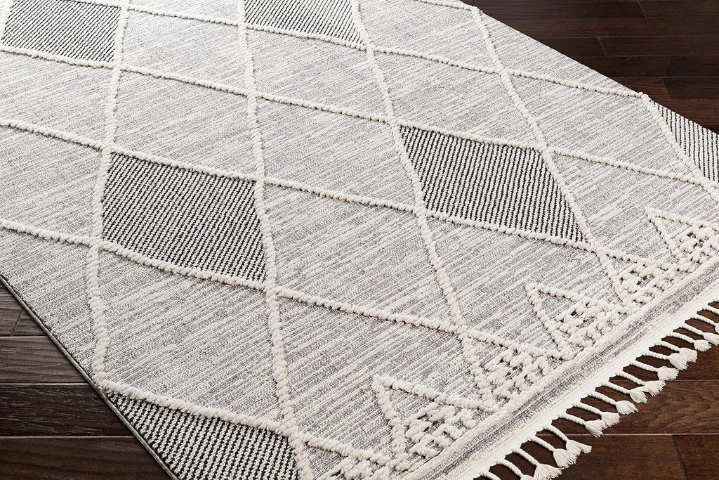 Norvelt Hallway, Kitchen Runner Rug - Geometric Diamond Trellis Striped Border - Bohemian Transitional Moroccan Boho