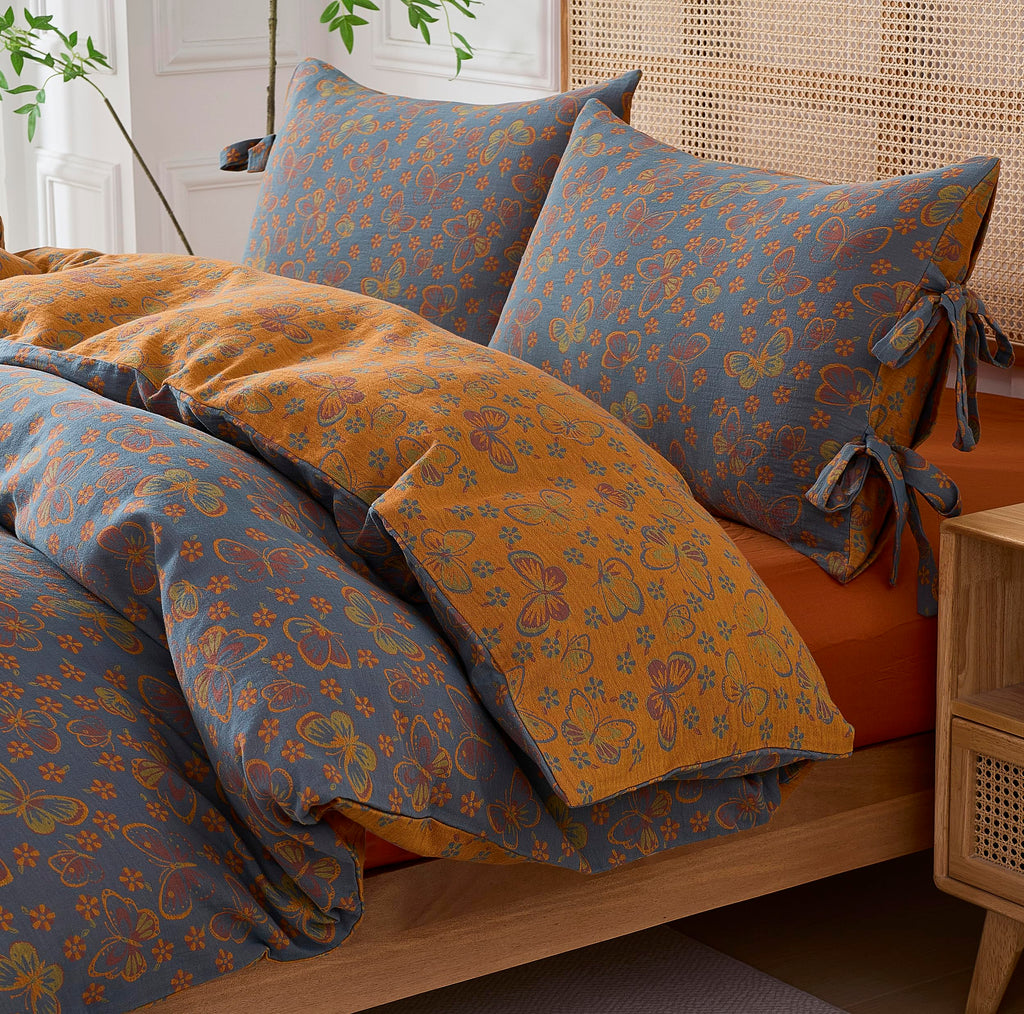 Vintage 3Pcs King Size Duvet Cover Set 100% Washed Cotton Double Layer Gauze Ultra Soft Breathable Vintage Butterfly
