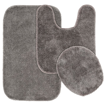 Rug Traditional Nylon Washable Medium Gray 3 Piece Set - Lid, Contour, Bath Rug - Soft, Absorbent, and Stylish for