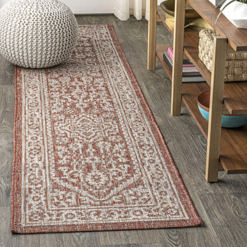 Medallion Weave Indoor Outdoor Runner Rug 2X8 Red/Taupe, Sinjuri Textured for Backyard, Patio, Porch, Easy-Cleaning