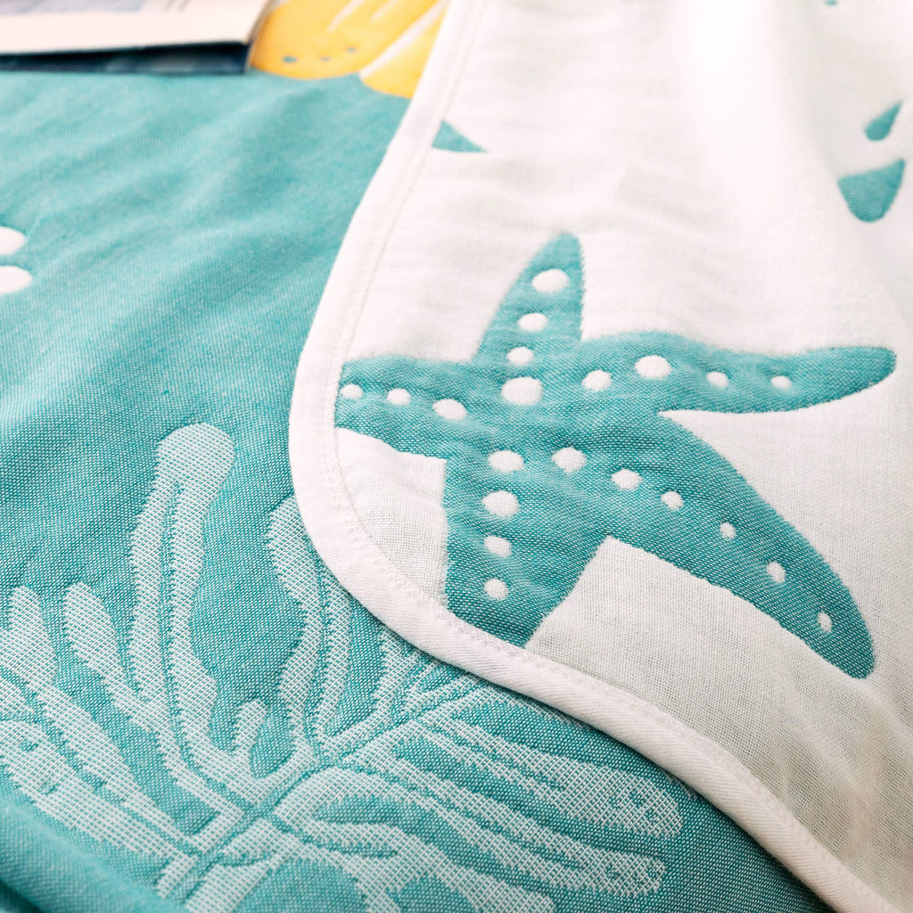 Coral Conch Starfish Shell Muslin Wrap Blanket Reversible 100% Cotton 6 Layer Quilt Bed Blanket Soft Warm Throw