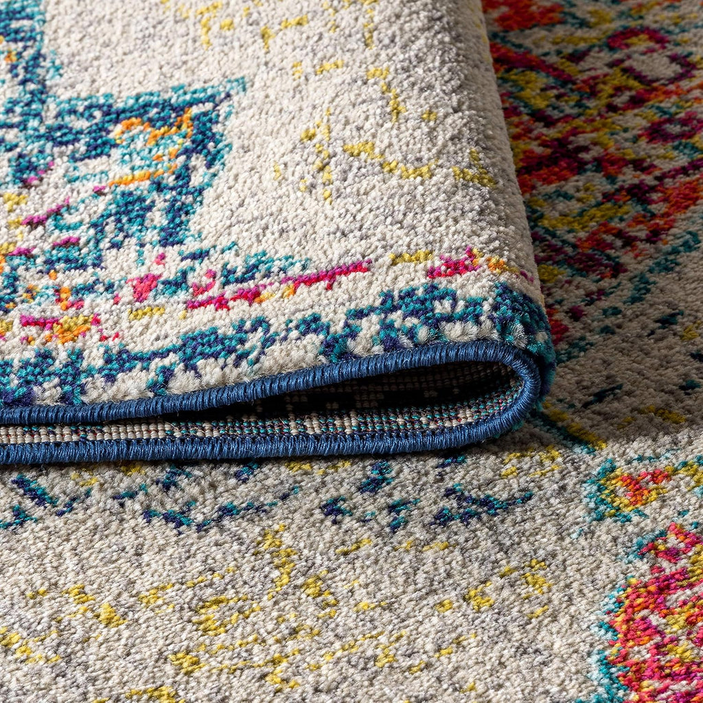 Boho Vintage Cream/Orange Indoor Area Rug, Bohemian Flair Traditional Medallion, Easy-Cleaning, Pet Friendly