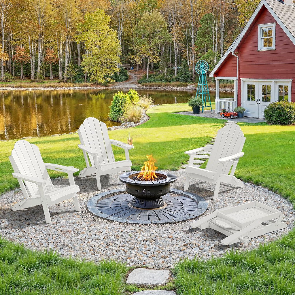 HDPE Folding Adirondack Chair, Cup Holder, Set of 2, White | HDPE poly lumber, folable, all-weather resistant, Low