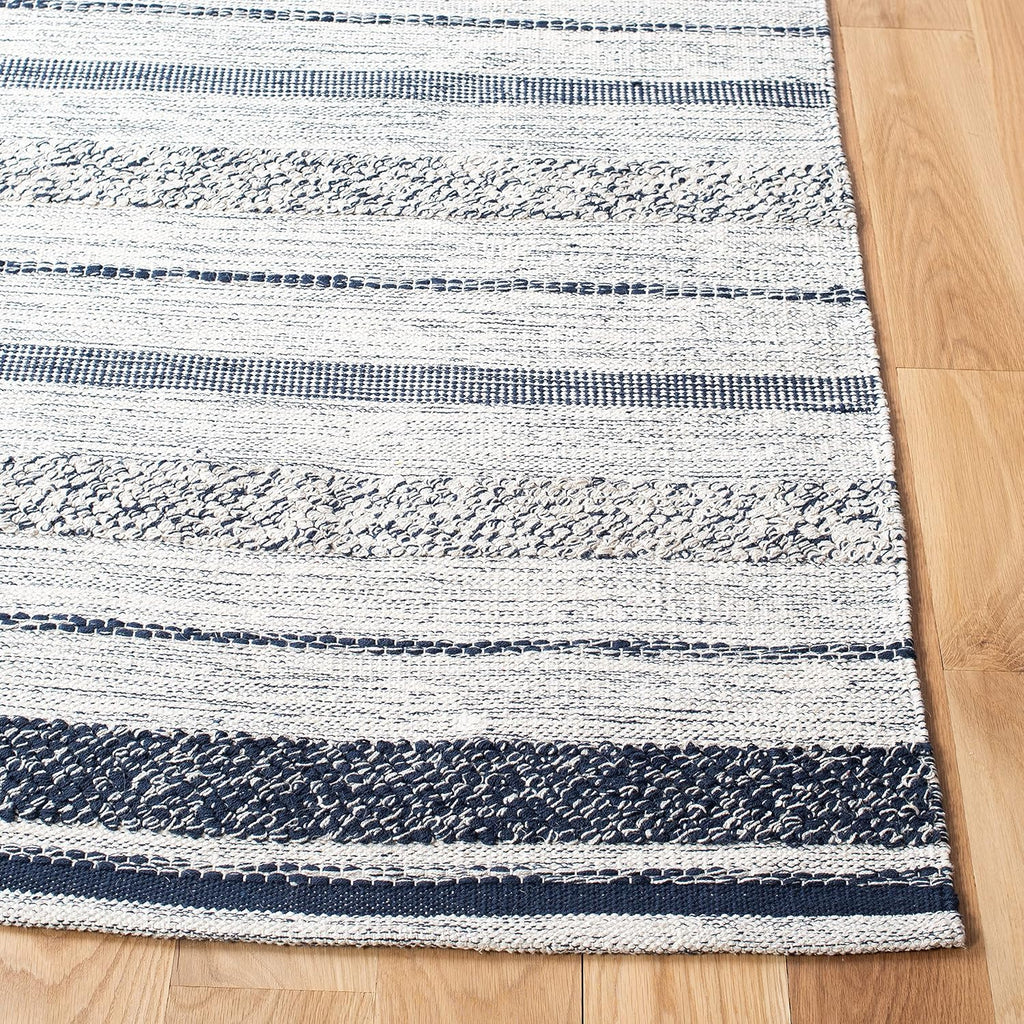Striped Kilim Collection Runner Rug - 2'3" x 9', Ivory & Navy, Handmade Flat Weave Cotton, Ideal for High Traffic