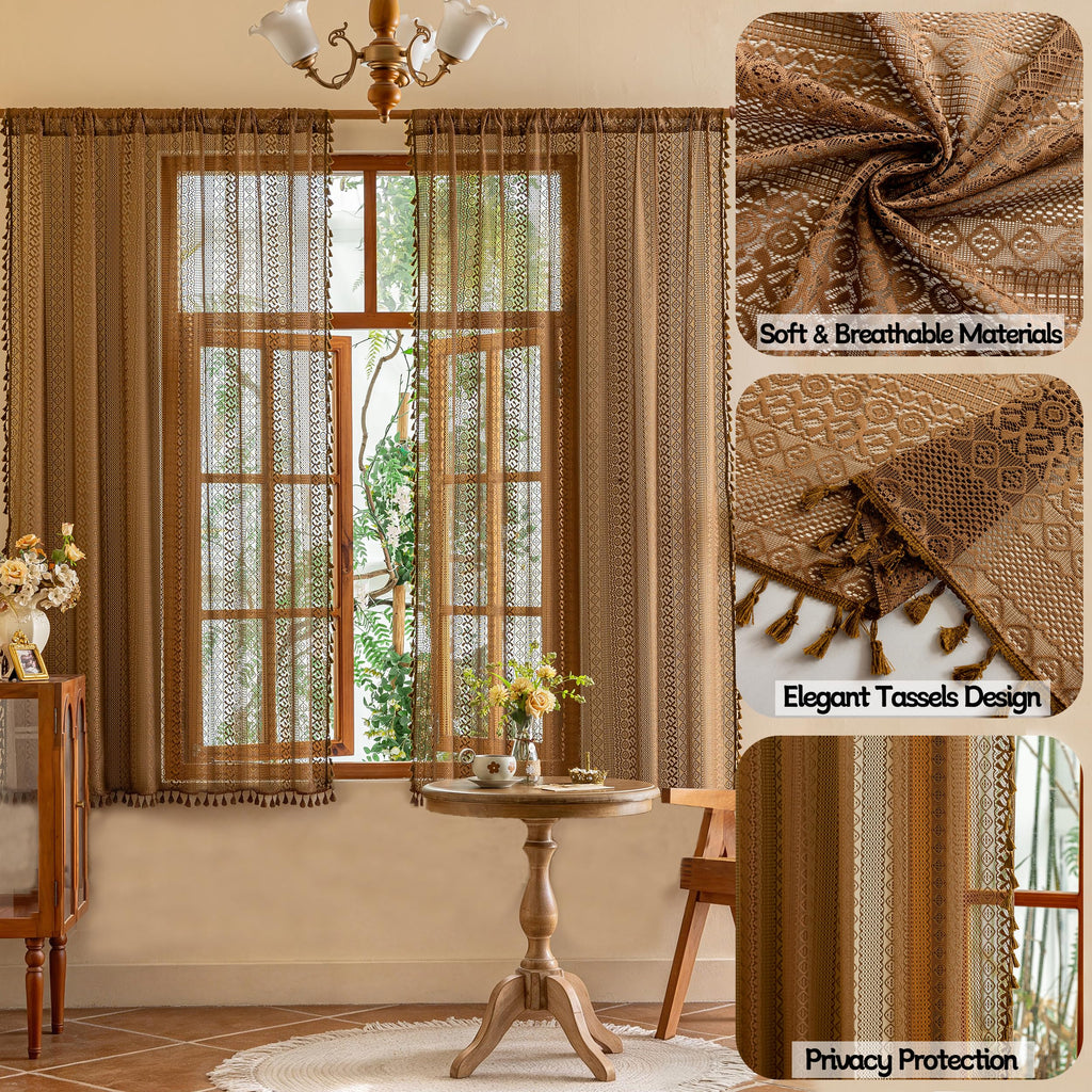 Boho Curtains 2 Panels Nursery, Lace Curtains Bohemian Semi Sheer Farmhouse Crochet Privacy Vintage Tassels Taupe
