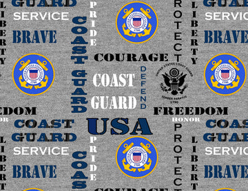 US Military Cotton Fabric with Heather Grey Ground and Logos-Sold by The Yard (Coast Guard)
