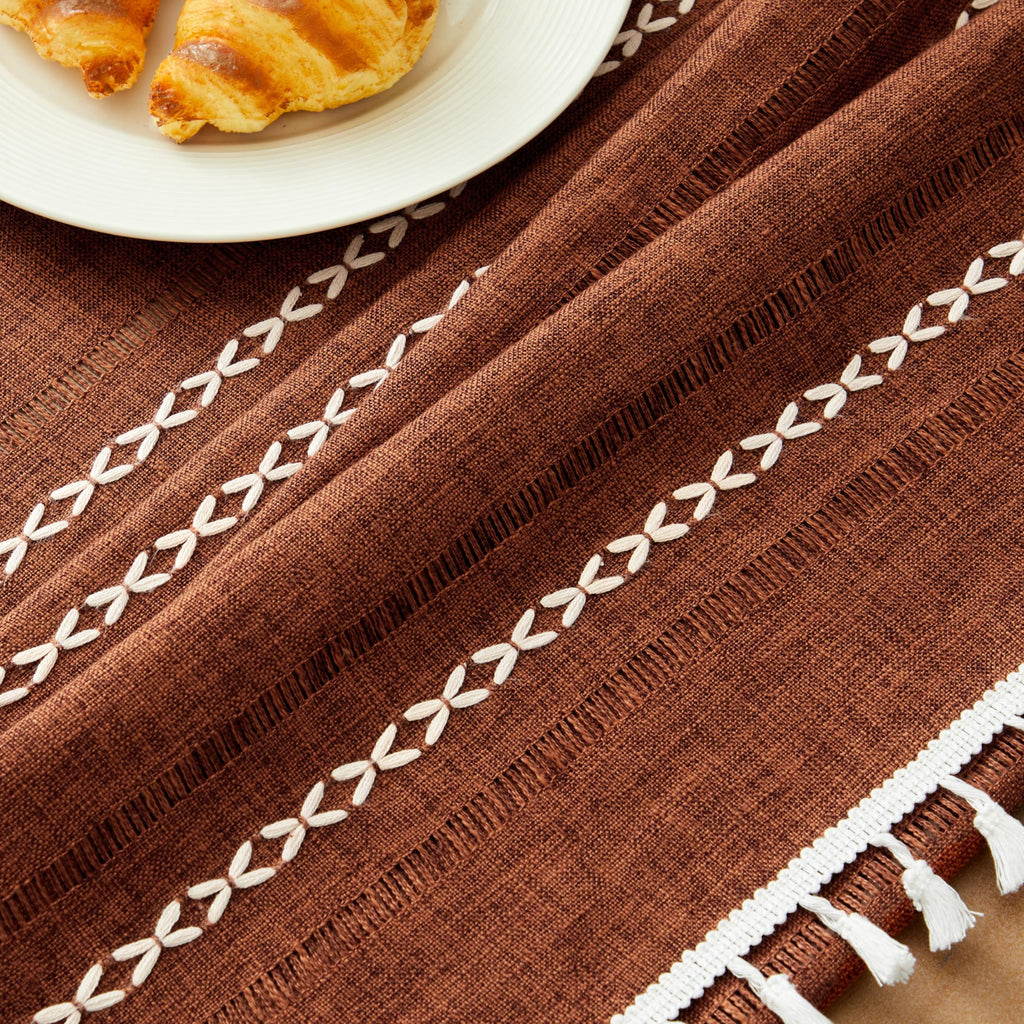 Hemstitched Striped Boho Table Cloth, 54 Inch Round Terracota