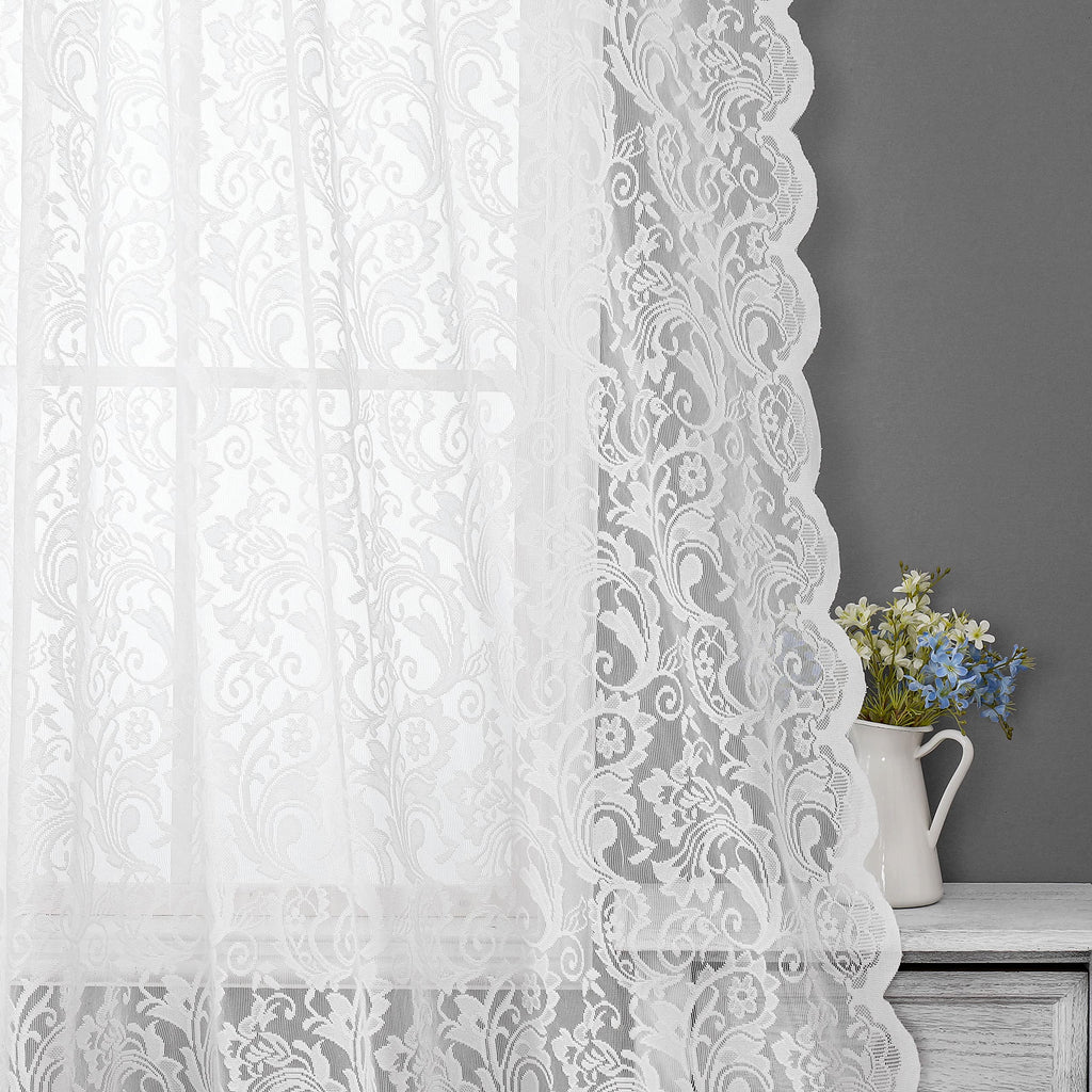White Lace Curtain 216 inches Long Bedroom Vintage Floral Extra Long Window Scarf Valance 1 Panel 52" Wx216 L
