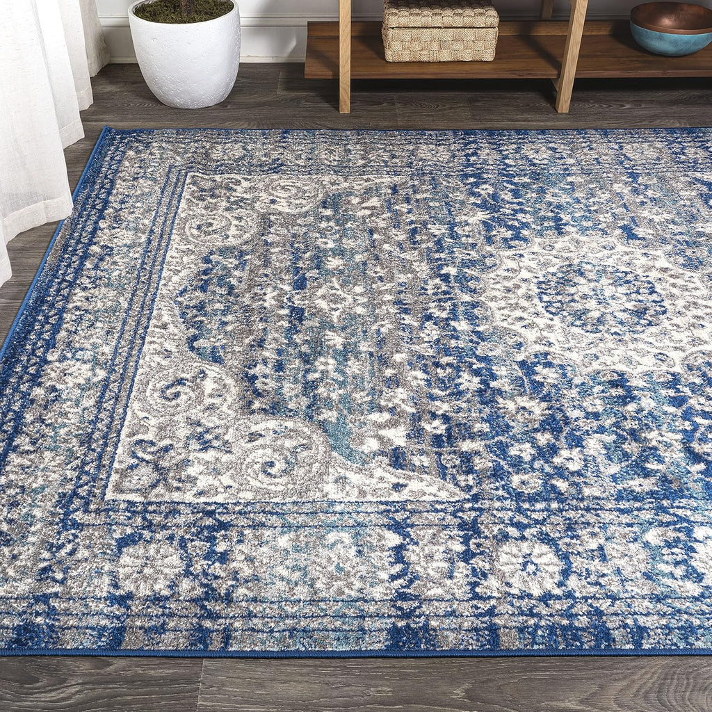 Scala Ornate Vintage Blue/Dark Gray Indoor Area Rug, Medallion, Bohemian, Easy-Cleaning, Pet Friendly