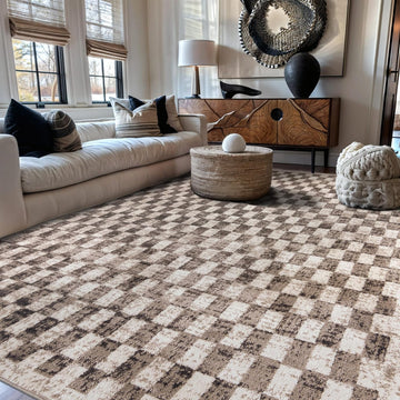 Contemporary Checkered Grid Textured Area Rug Beige