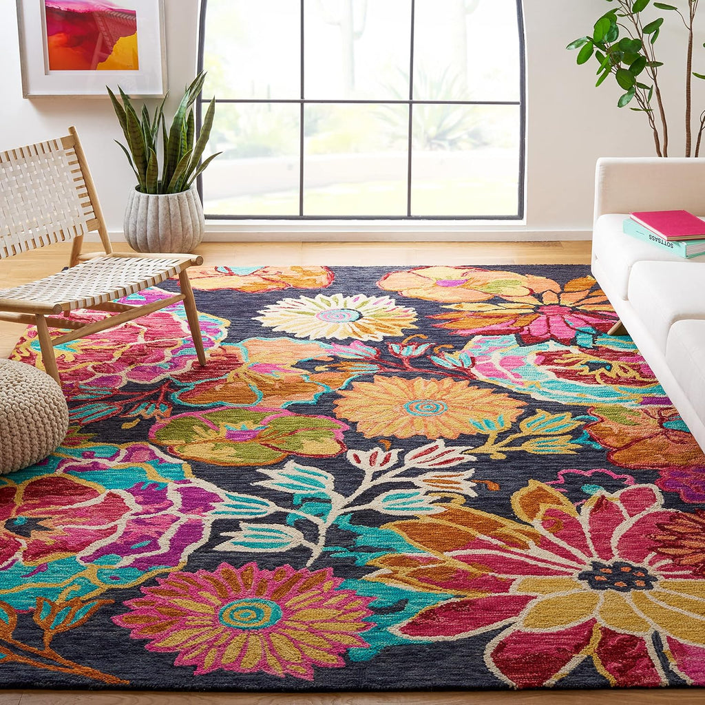 Aspen Area Rug - 10' x 14', Charcoal & Blue, Handmade Boho Floral Wool
