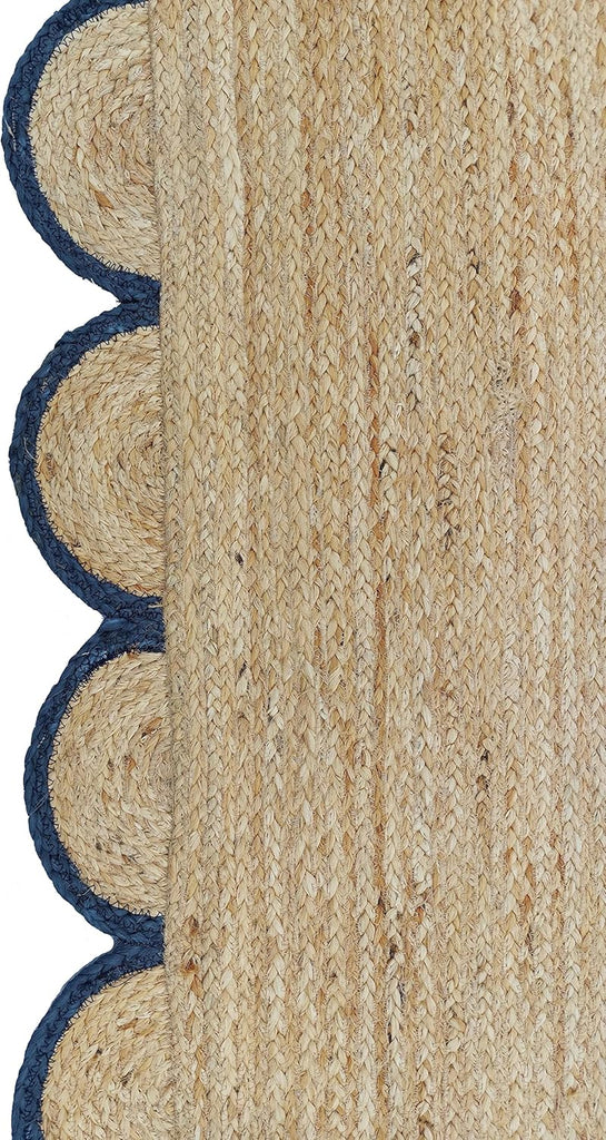 Scalloped Natural Jute Area Rug, Navy Trim, 2x3