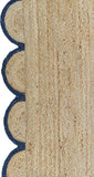 Scalloped Natural Jute Area Rug, Navy Trim, 2x3