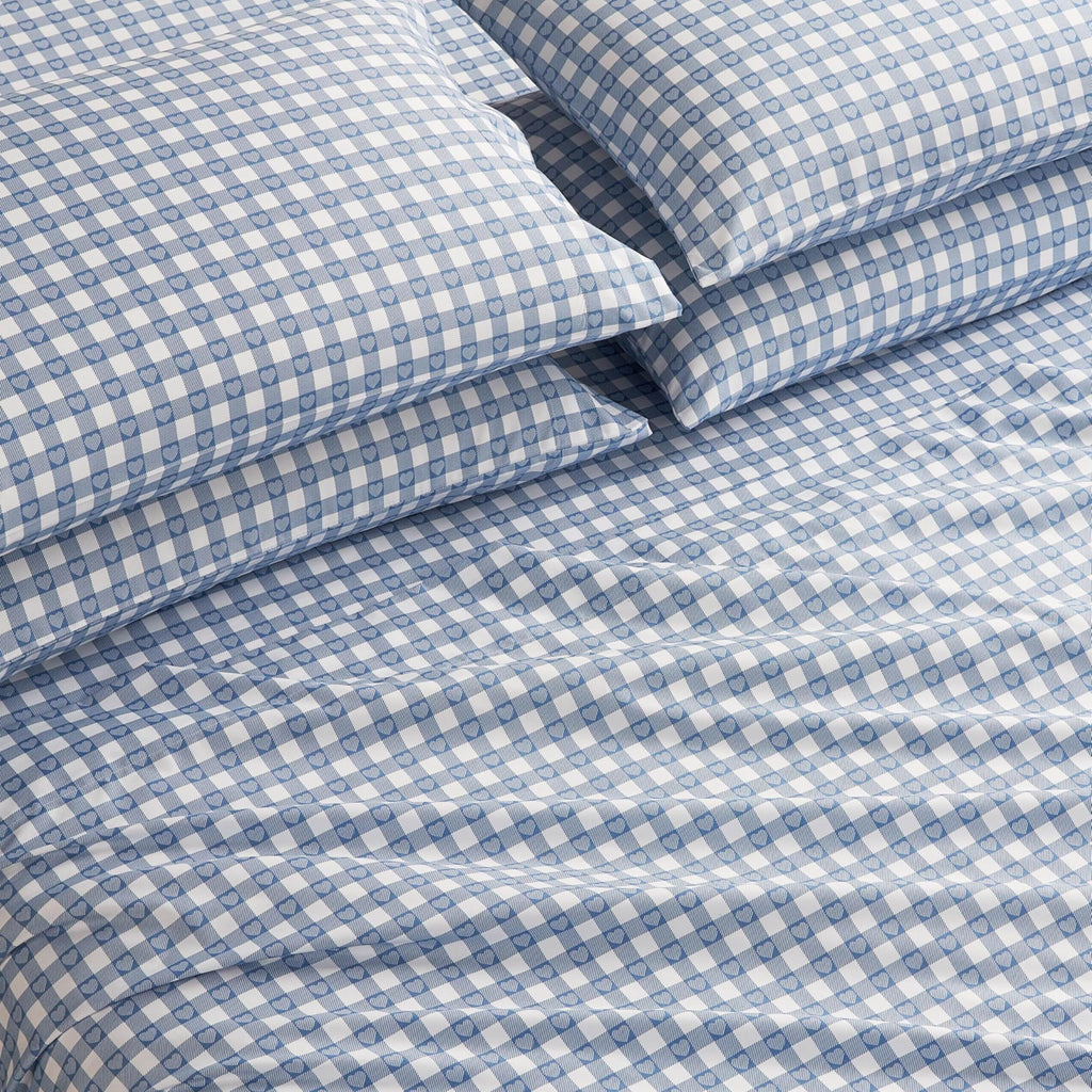 Heart Gingham Microfiber Sheet Set with Extra Pillowcases, Soft Lightweight 100% Polyester Bedding, Blue