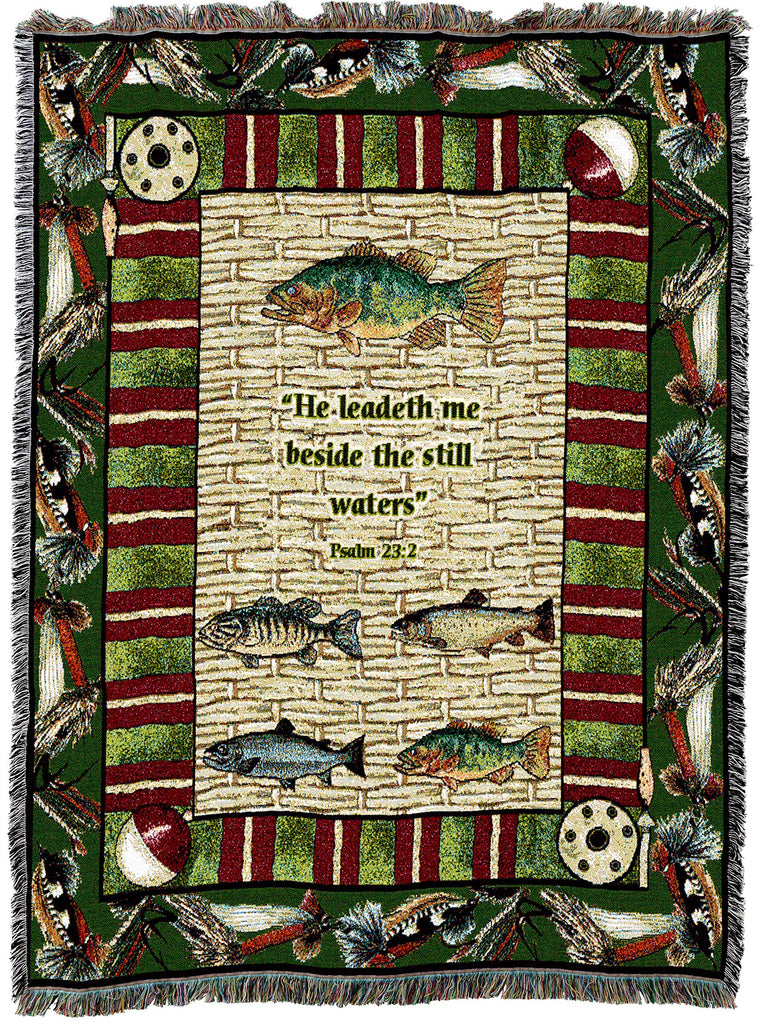 Gone Fishing Psalm Blanket - Scriptures - Psalm 23:2 - Religious Lake Lodge Cabin Gift Tapestry Throw Woven from