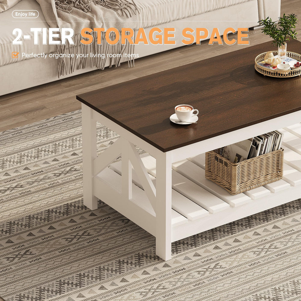 Farmhouse Coffee Table with Storage, Brown and White
