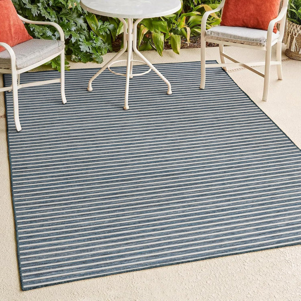 Pinstripe Reversible Washable Indoor Outdoor Area Rug Navy/Cream, Damon Classic Coastal for Backyard, Patio