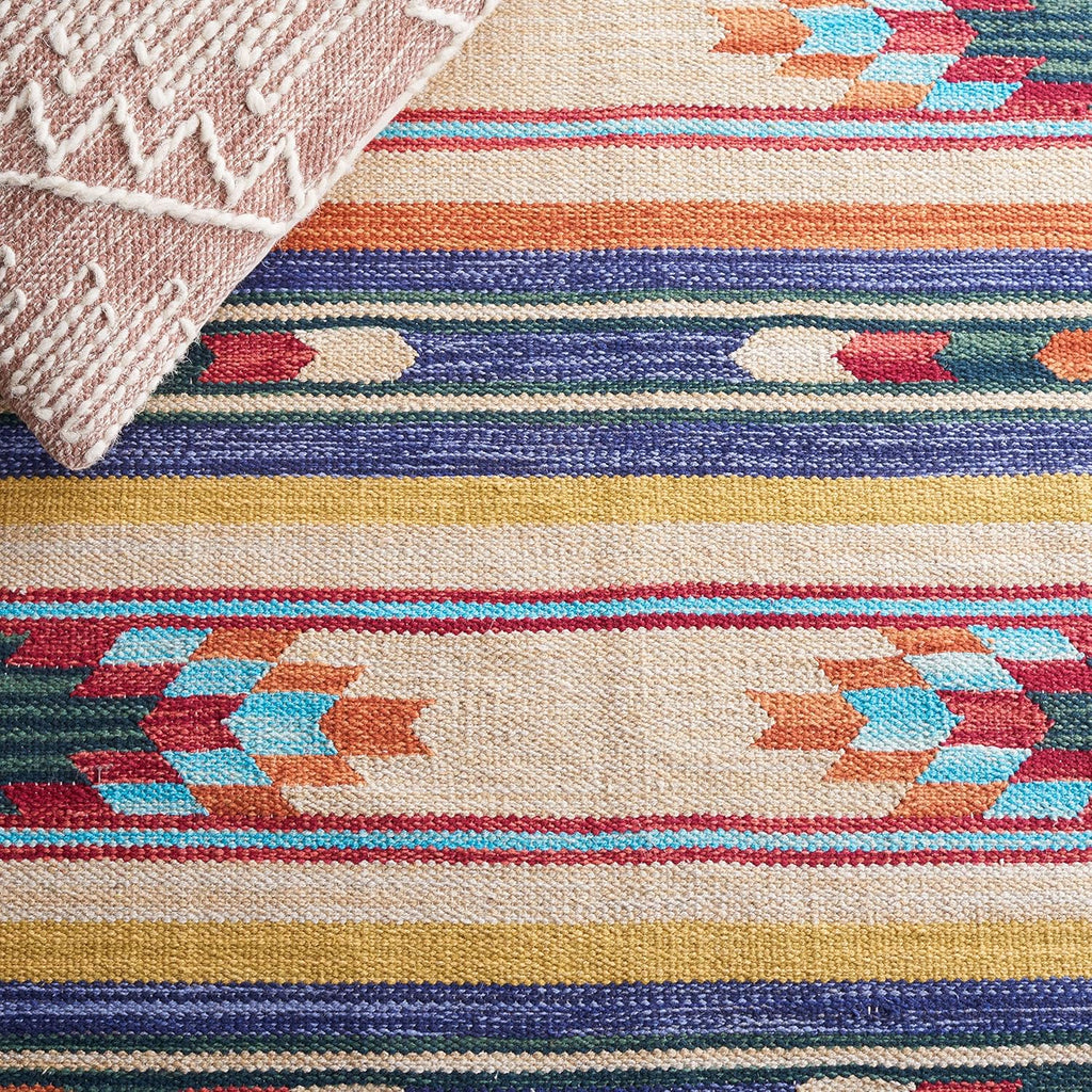 Area Rug - Cotton Kilim Collection - Large - Blue & Ivory, Handmade Cotton, Southwestern Boho Tribal Design