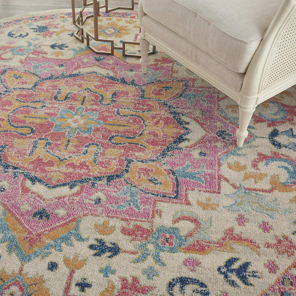 Home Passion Ivory Pink 8' x Round Area Rug - Easy Clean, Non Shedding, Bed Room, Living Room, Dinin