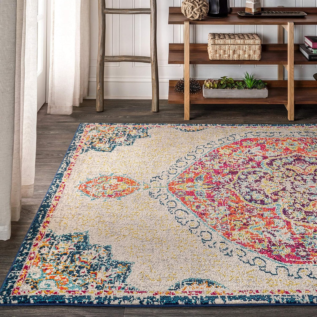 Boho Vintage Cream/Orange Indoor Area Rug, Bohemian Flair Traditional Medallion, Easy-Cleaning, Pet Friendly