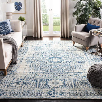Evoke Collection Area Rug - 10' x 14', Ivory & Blue, Oriental Medallion Distressed Design, Non-Shedding & Easy Care