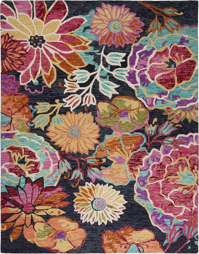 Area Rug 8x10 - Aspen - Large - Charcoal & Blue, Handmade Wool, Boho Floral Design
