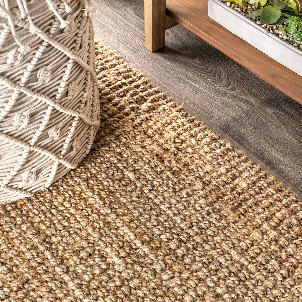 Handwoven Jute Fringe Natural Square Indoor Area Rug, Pata, Bohemian, Rustic, Cottage, Easy-Cleaning