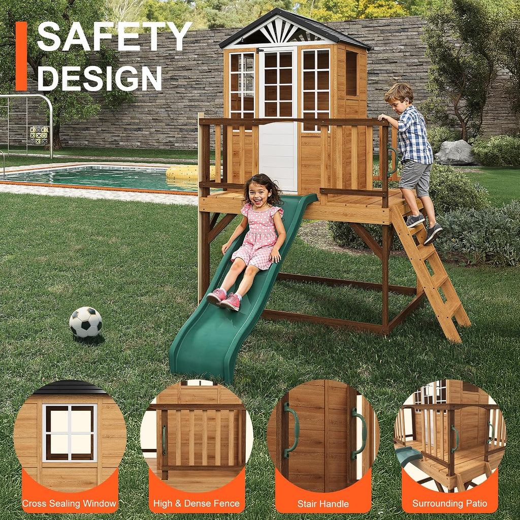 9-in-1 Outdoor Playhouse with Slide & Sandbox - Natural Fir Playset for Kids Ages 3-10, Includes Play Kitchen, Growth
