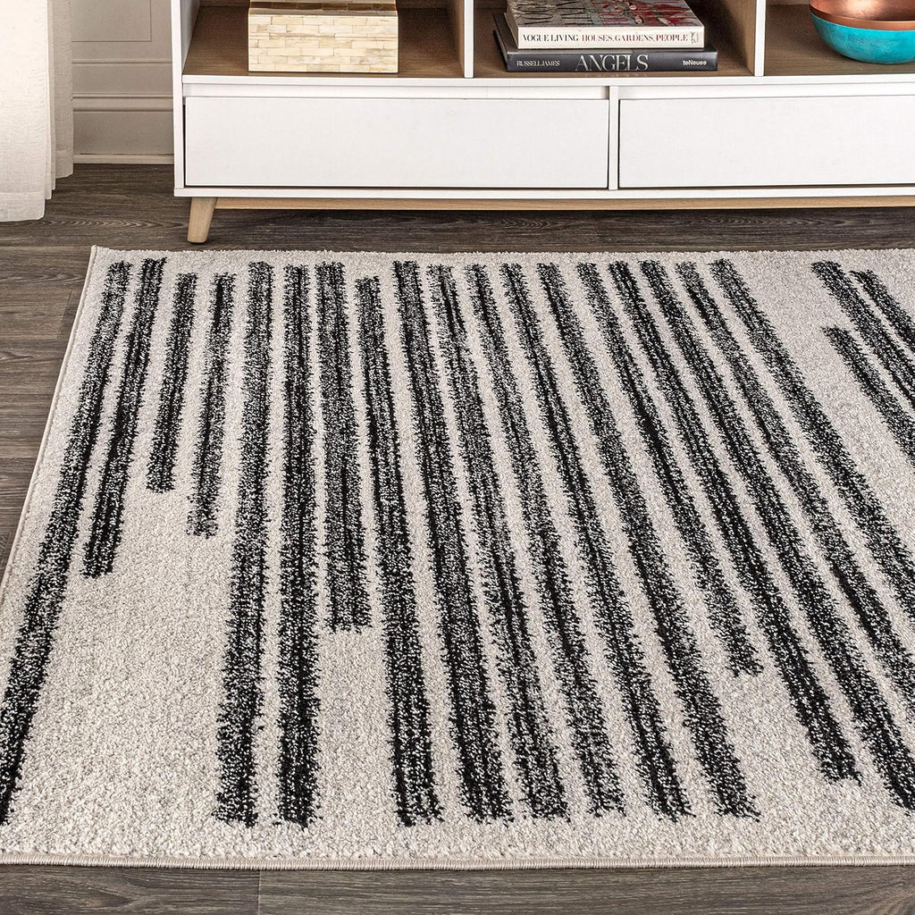 Khalil Modern Berber Stripe Cream/Black Area Rug, 12x15, Contemporary, Bohemian, Easy-Cleaning