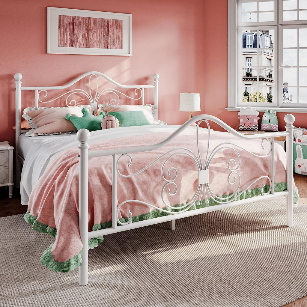Queen Metal Bed Frame with Butterfly Headboard & Footboard, No Box Spring Needed