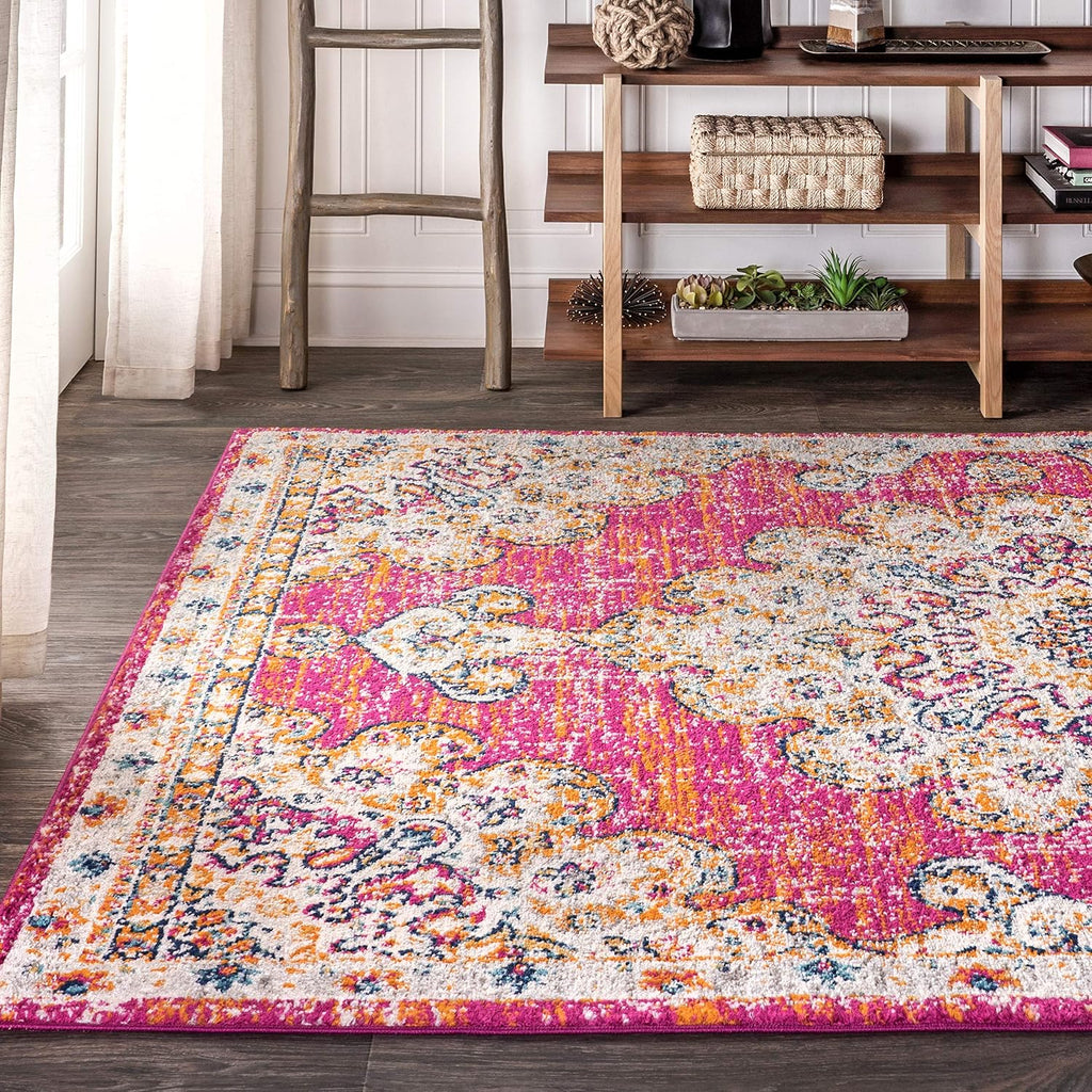 Boho Medallion Area Rug Pink/Cream, Vintage Indoor Rug