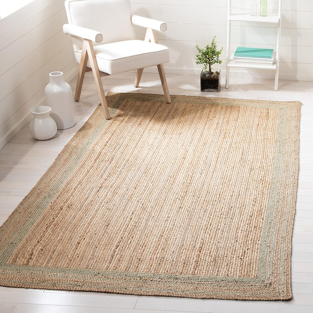 Natural Fiber Area Rug - 9' x 12', Green & Natural, Handmade Border Farmhouse Jute