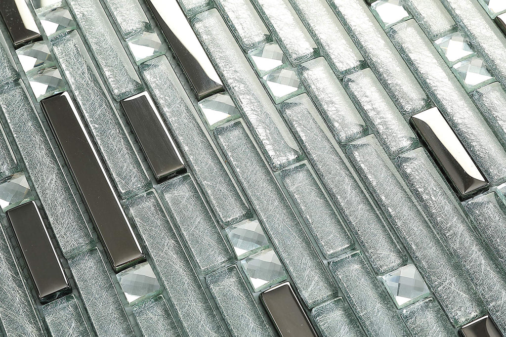 Silver Metallic Glass Mosaic Linear Wall Tile, 6 Sq Ft