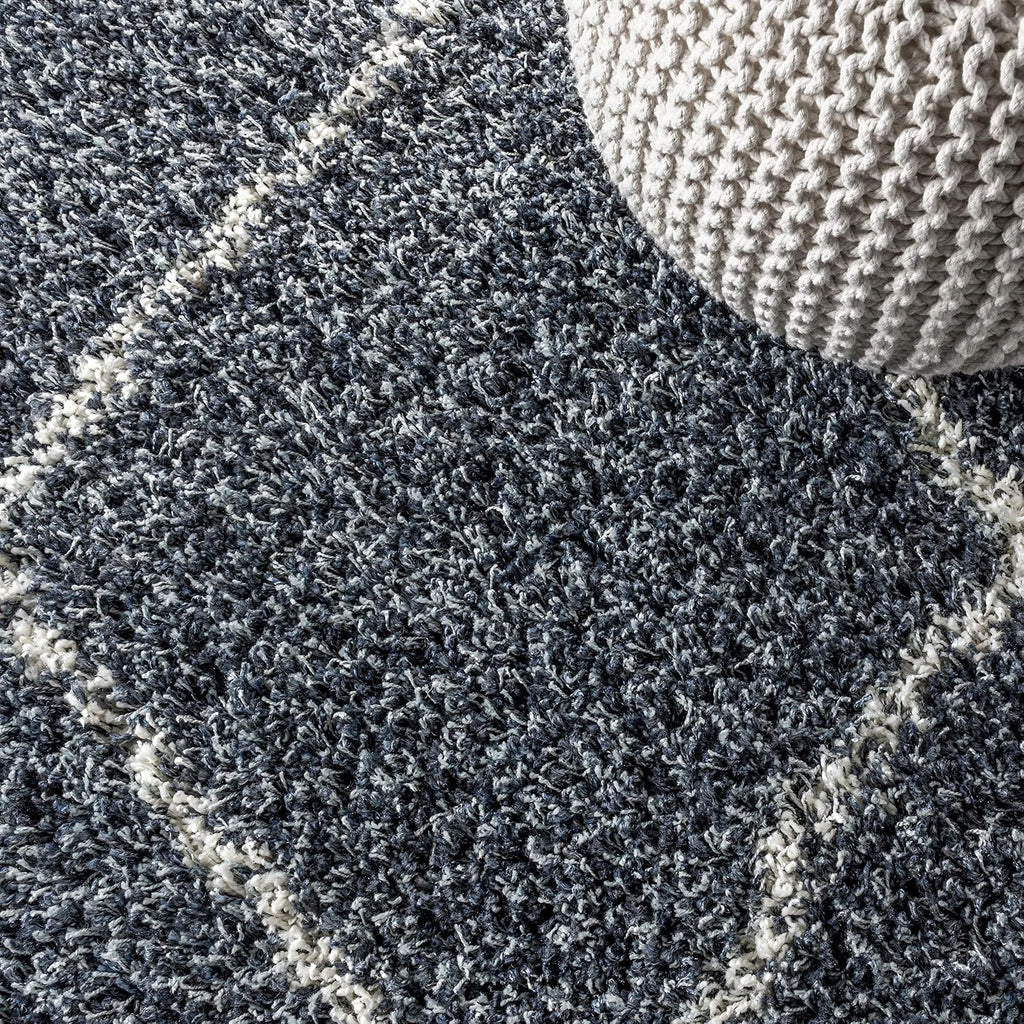 Mercer Shag Plush Tassel Blue/Cream Indoor Area Rug, Moroccan Geometric Trellis, Easy-Cleaning, Pet Friendly
