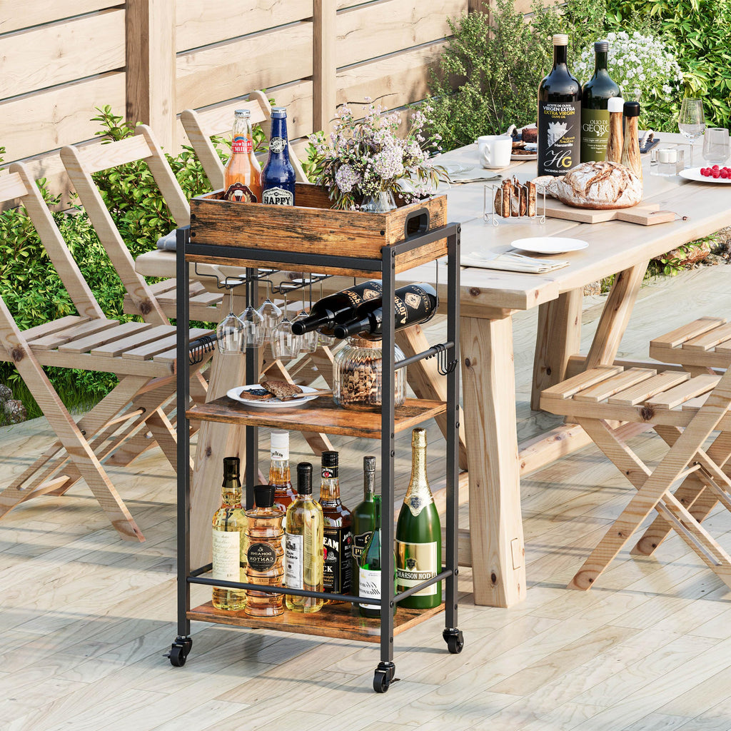 3 Tier Rolling Bar Cart with Wheels, Wine Cart with Removable Tray, Rustic Bar Carts Small, Drink Cart for Small