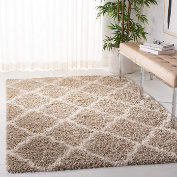 Dallas Shag Collection Area Rug - 4' Square, Beige & Ivory, Trellis Design, Non-Shedding & Easy Care, 1.5-inch Thick