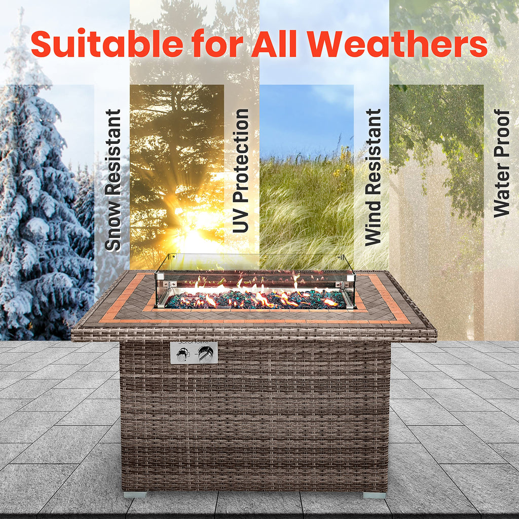 Outdoor Propane Fire Pit Table- 50, 000 BTU Auto-Ignition Gas Fire Pit w/Glass Wind Guard, Mosaic Tabletop with