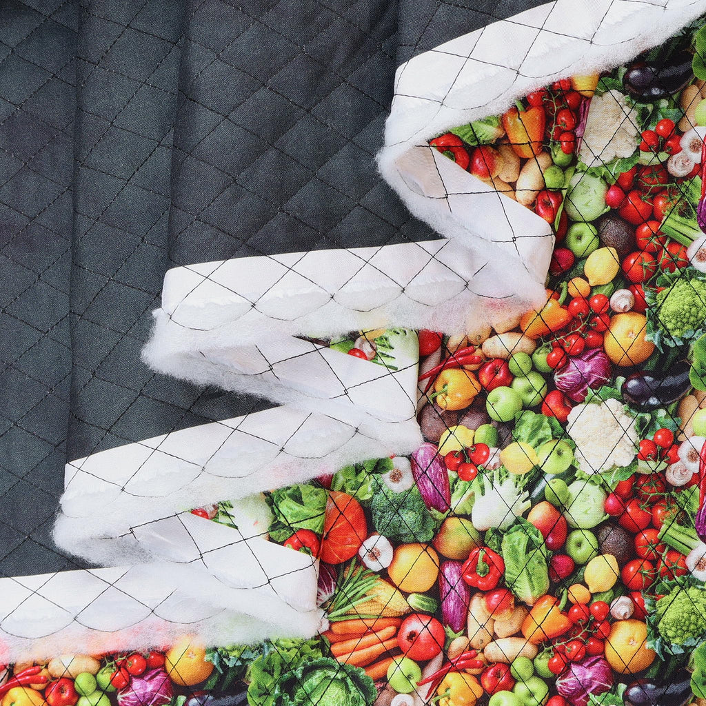 Double Faced Quilted Cotton, Mixed Vegetables Grey/Multi