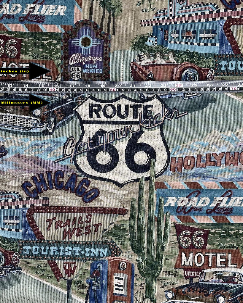 Classic Retro Route 66 Inspired Tapestry Fabric, Motel, Diner, Gas Station Theme - 56" W, Sold by the Continuous