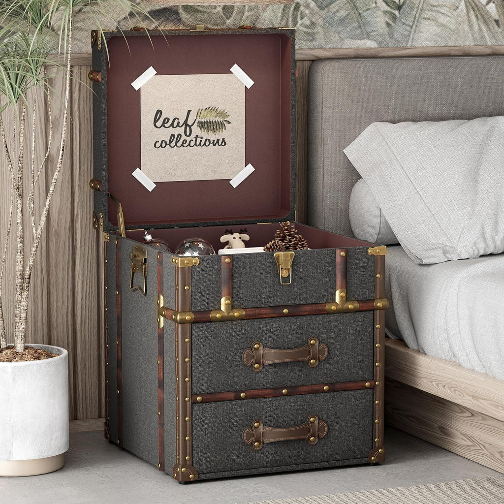 Vintage Storage Chest with Buckle Hinged Top, Linen Accent End Side Table , Rectangle, Grey