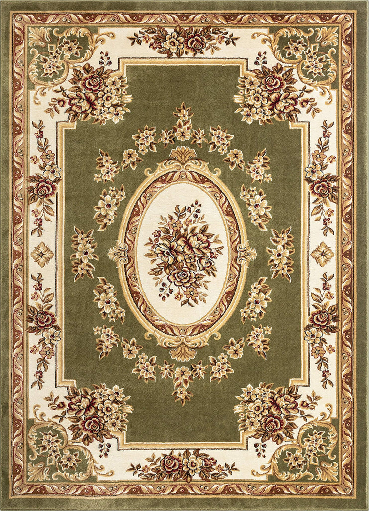 Timeless Collection Le Petit Palais Green Luxurious Traditional French Aubusson Medallion Oriental Area Rug