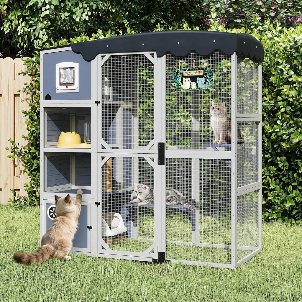 4-Tier Wooden Outdoor Catio Enclosure, Weatherproof Playpen with Asphalt Roof, 3 Lounges & 3 Platforms